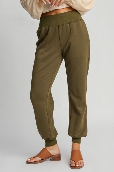 Umgee Full Size High Rise Elastic Waist Knit Joggers with Pockets Plus Size - Enfance-Heureuse