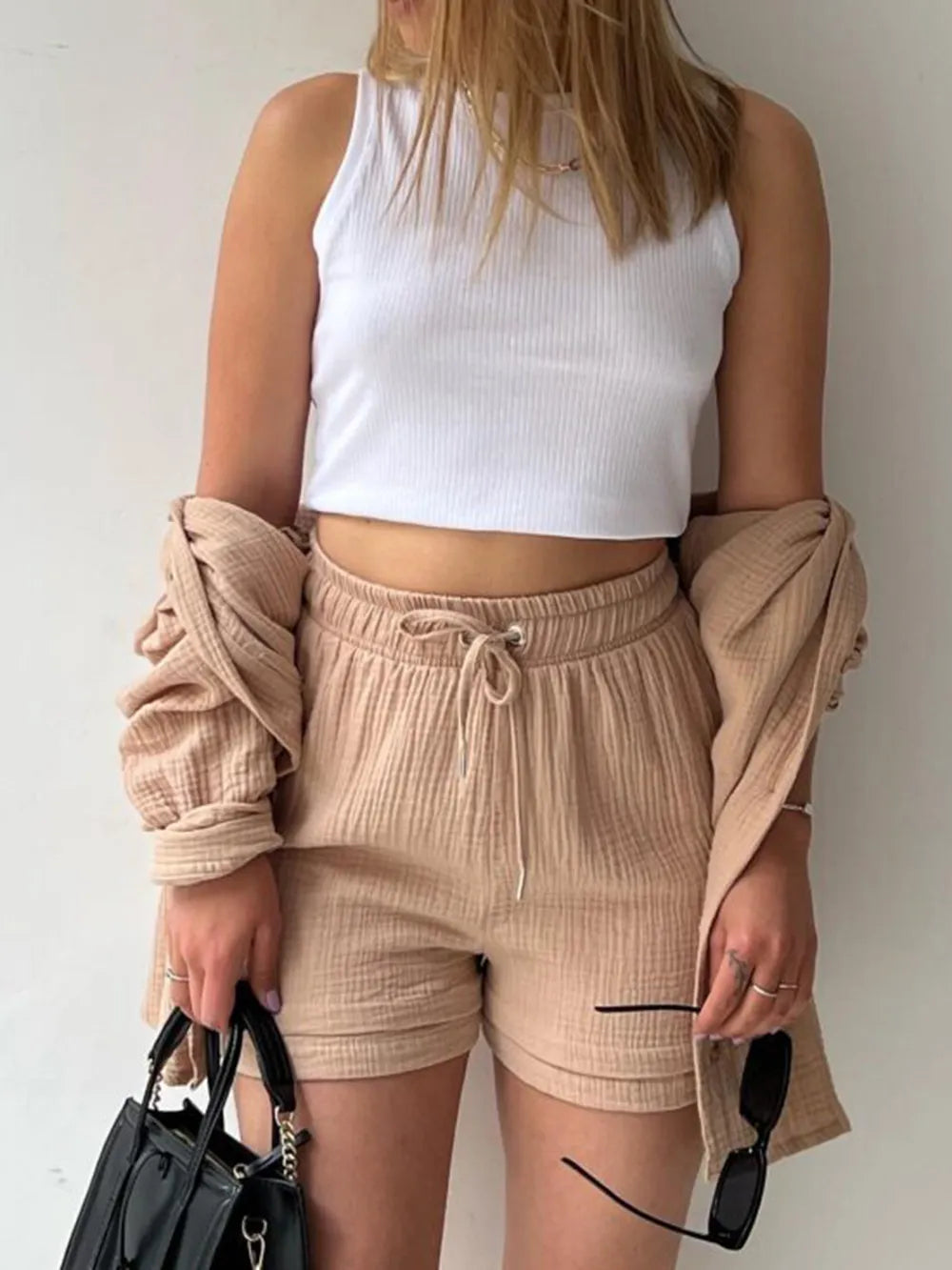 Texture Button Up Shirt and Drawstring Shorts Set - Enfance-Heureuse