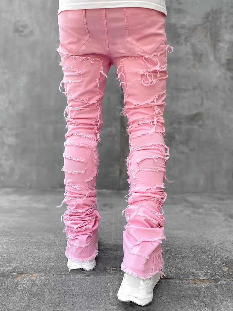 Men Trousers Individual Patched Pants Long Tight Fit Stacked Jeans For Mens Clothing - Enfance-Heureuse