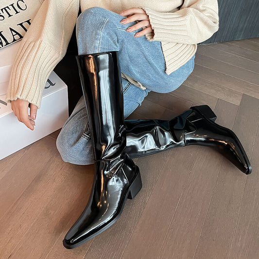 British Style Square Toe Mid-heel Thick Heel White Cowhide High Leg Boot Back Zipper - Enfance-Heureuse