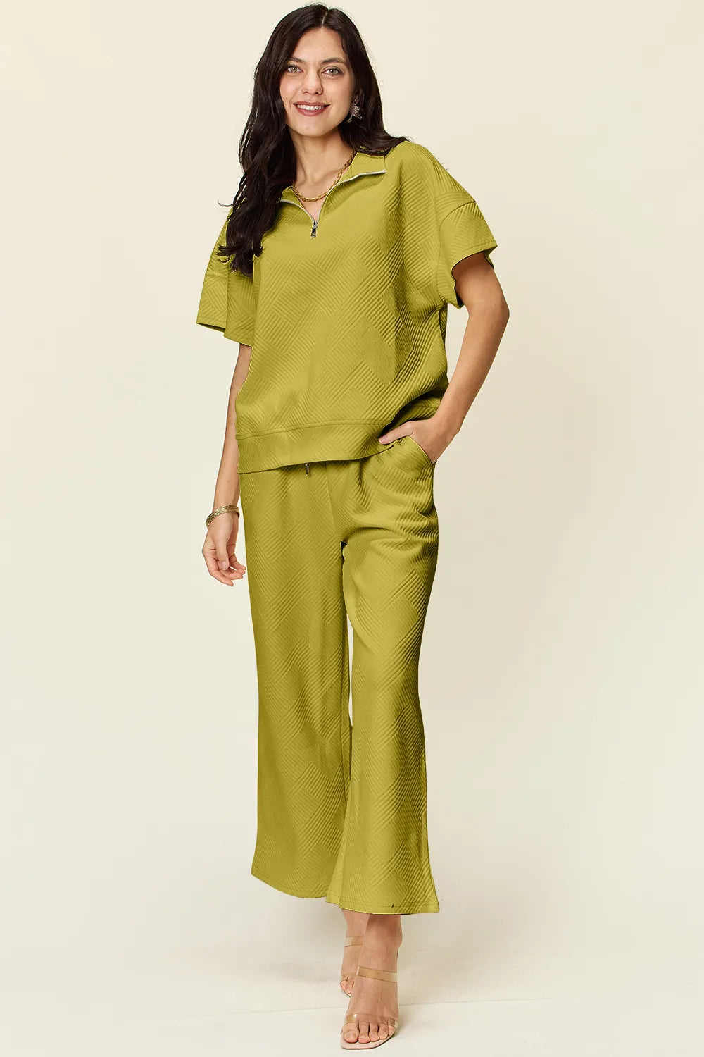 Double Take Full Size Texture Half Zip Short Sleeve Top and Pants Set - Enfance-Heureuse