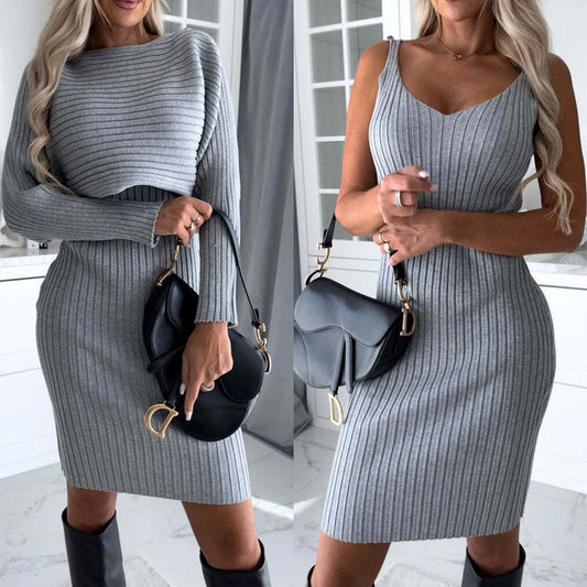 2pcs Suit Women's Solid Stripe Long-sleeved Top And Tight Suspender Skirt Fashion Autumn Winter Slim Clothing - Enfance-Heureuse