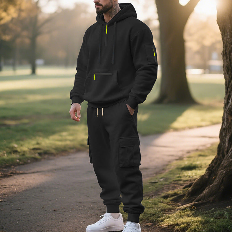 Men's Loose Sports And Leisure Suit Sweater Fleece-lined Hoodie Set Zipper Multi-Pocket Pullover Men's Sports Casual Top Two-piece Set - Enfance-Heureuse