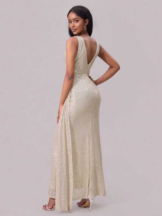 Slit Sequin Surplice Sleeveless Maxi Dress - Enfance-Heureuse