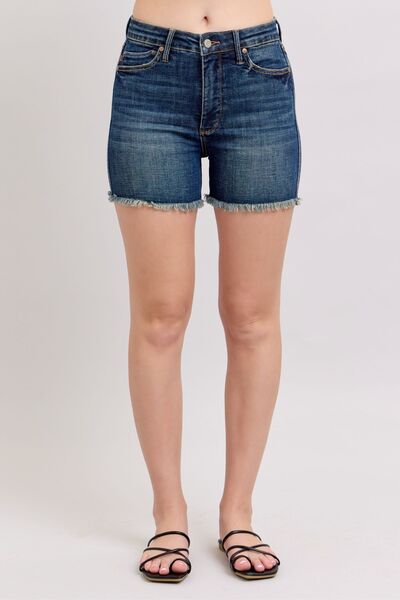 Judy Blue Tummy Control Fray Hem & Shield Back Pockets Denim Shorts - Enfance-Heureuse