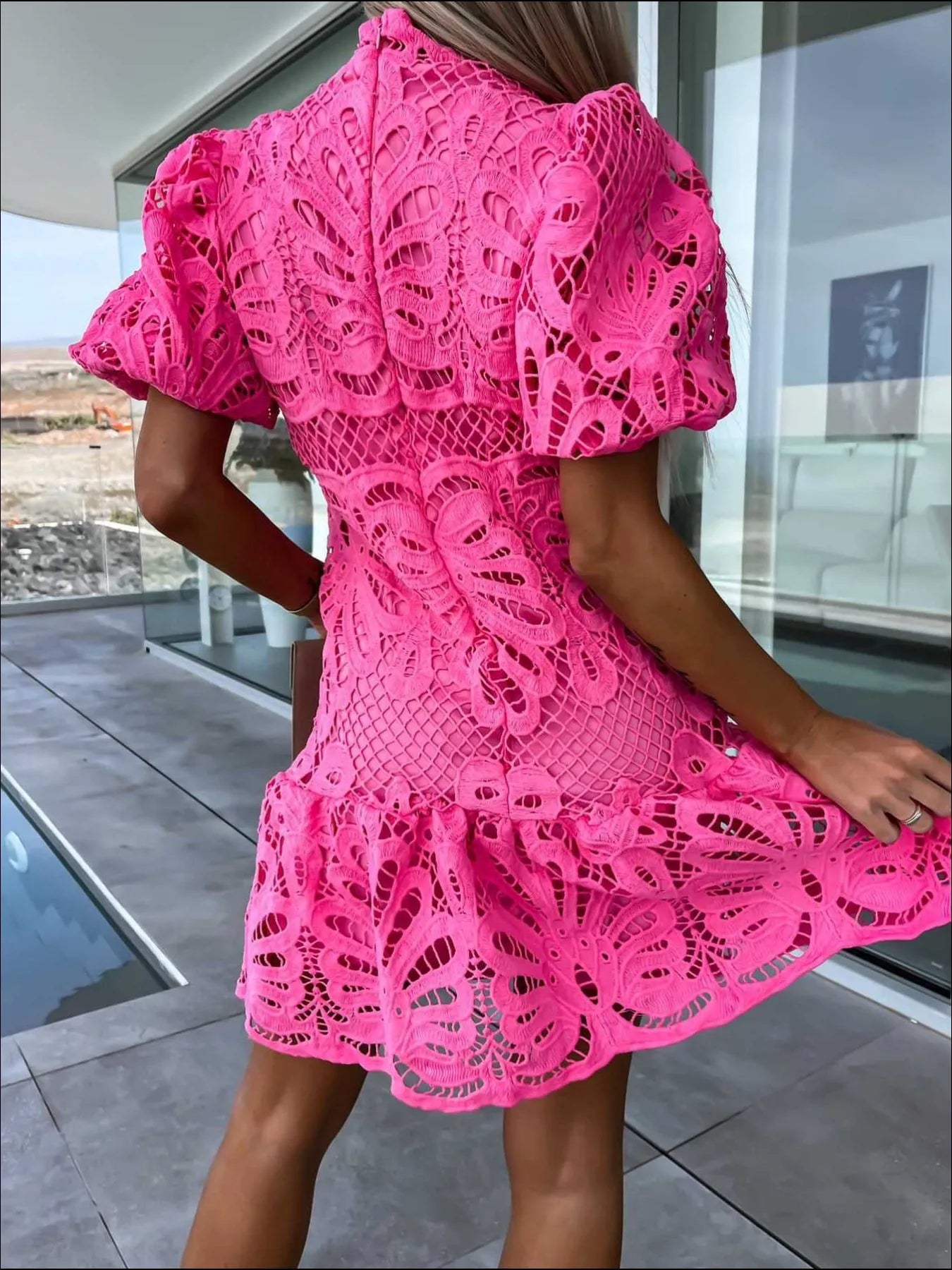Lace Mock Neck Puff Sleeve Dress - Enfance-Heureuse
