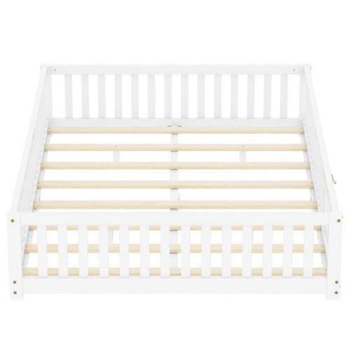 Queen Size Bed Floor Bed With Safety Guardrails And Door For Kids, White - Enfance-Heureuse