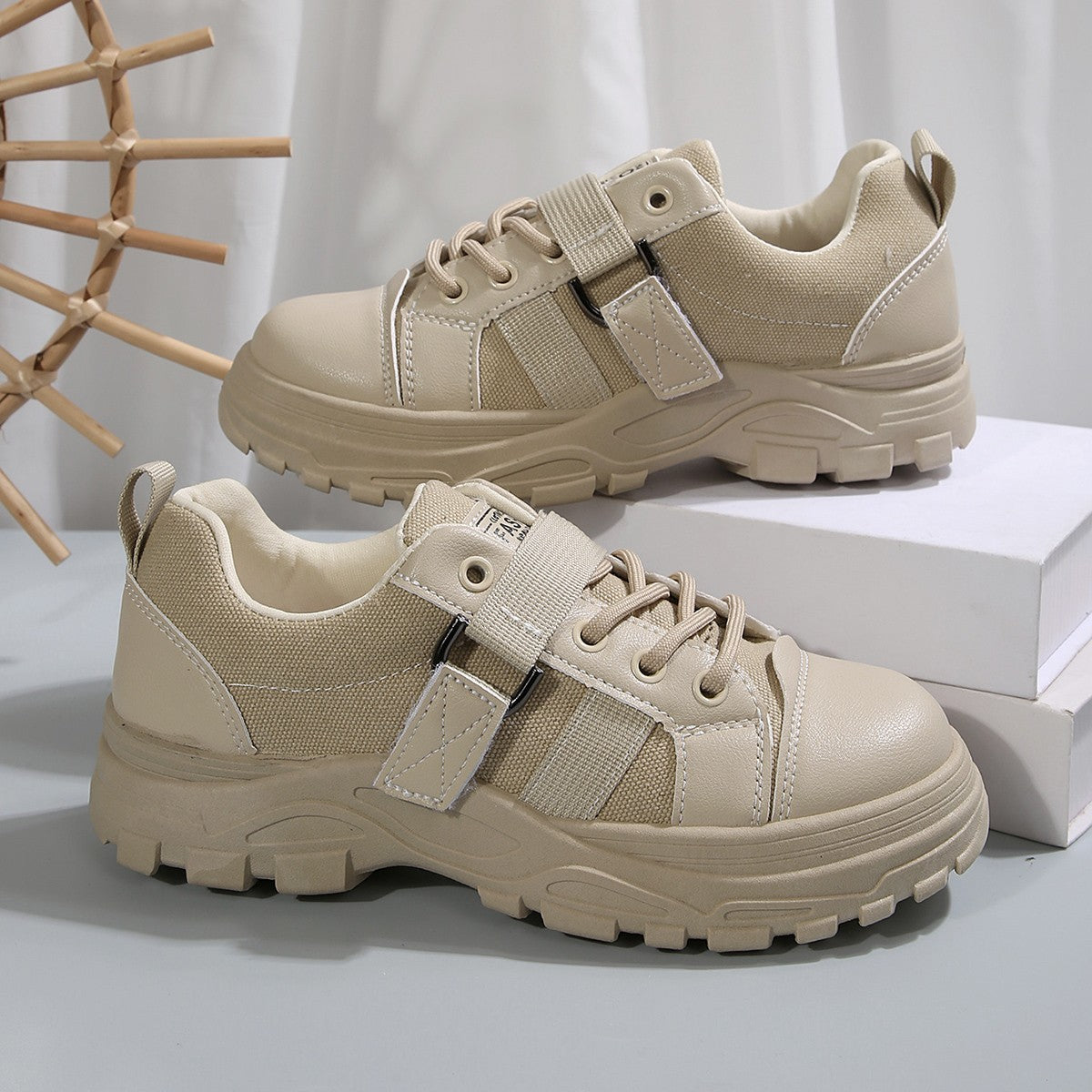 Lace-up Canvas Shoes With Hook Design Fashion Breathable Thick-soled Round-toe Casual Shoes For Women Sneakers - Enfance-Heureuse