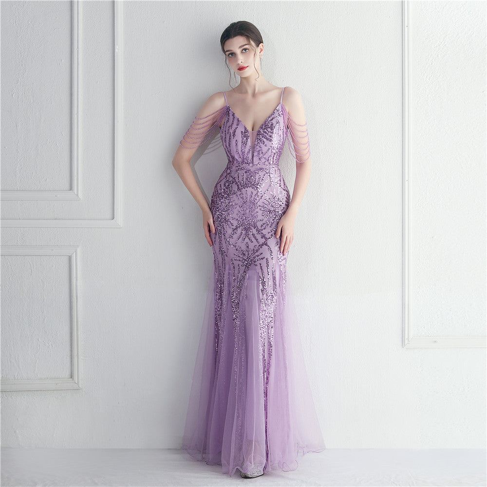 Mesh Beaded Bridal Wedding Dinner Long Camisole Evening Gown - Enfance-Heureuse