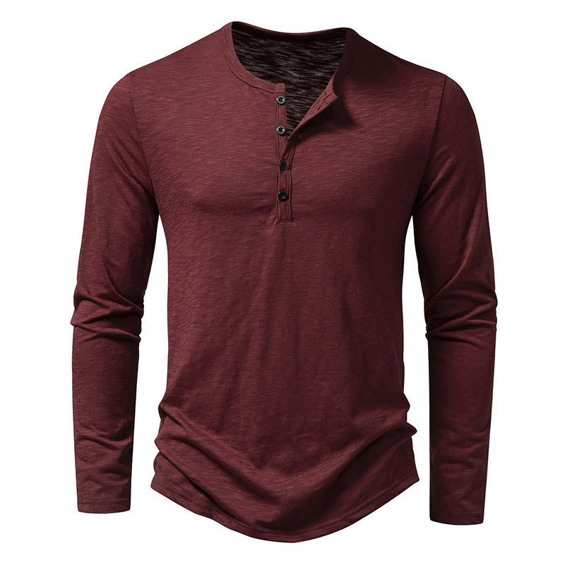 Mens Clothing Long Sleeve T-shirt Fashion Button Henry Collar Tops - Enfance-Heureuse