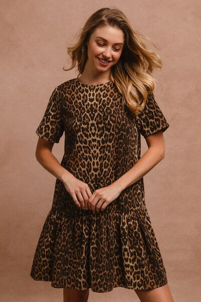 BiBi Tie Back Leopard Round Neck Short Sleeve Dress - Enfance-Heureuse