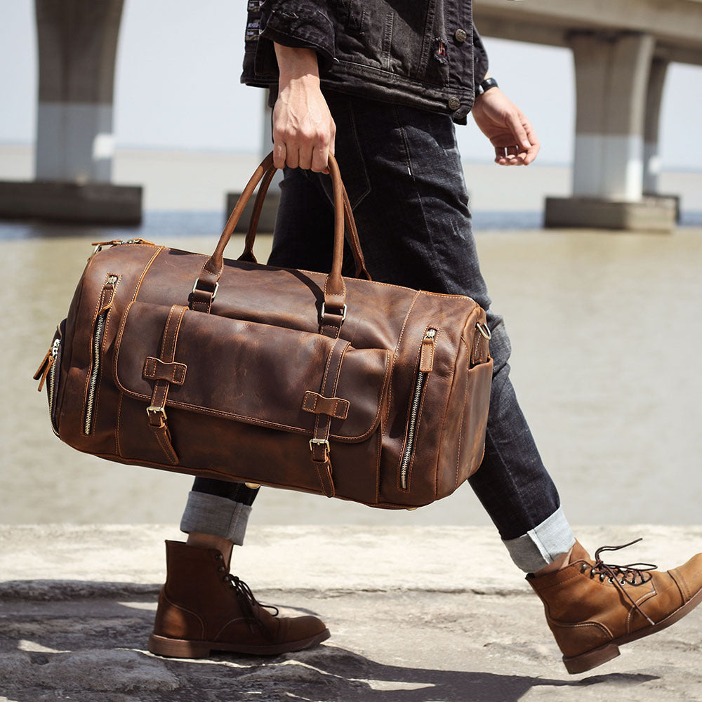 Men's Retro Genuine Leather Super Large Capacity First Layer Cowhide Leather Hand Luggage Bag - Enfance-Heureuse