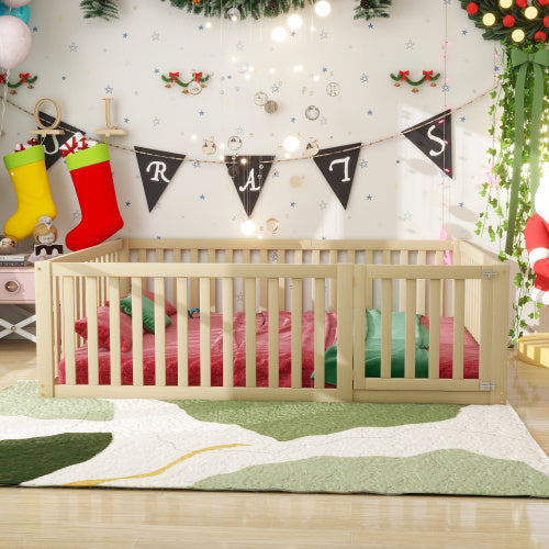 Kinderbett 140 X 200 Holzboden Bettrahmen Mit Zaun Und Tur Holzfarbe - Enfance-Heureuse