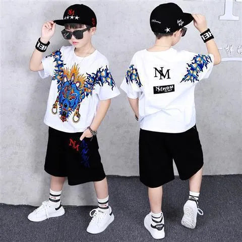 Boys' Summer Loose Sports Clothes Middle And Big Children's Two Piece Set