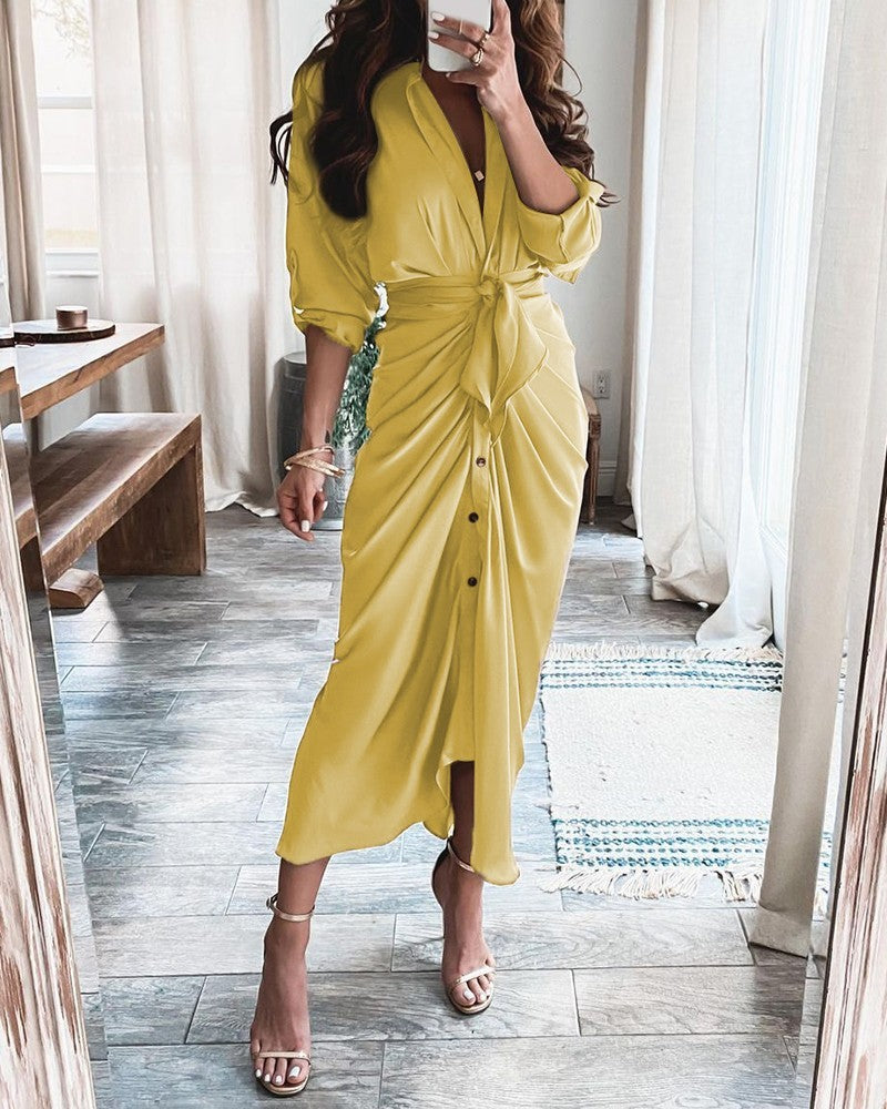 Long Sleeve V Neck Button Print Long Dress Women's - Enfance-Heureuse