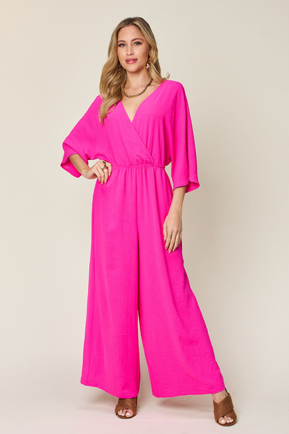 Double Take Full Size Surplice Wide Leg Jumpsuit with Pockets - Enfance-Heureuse