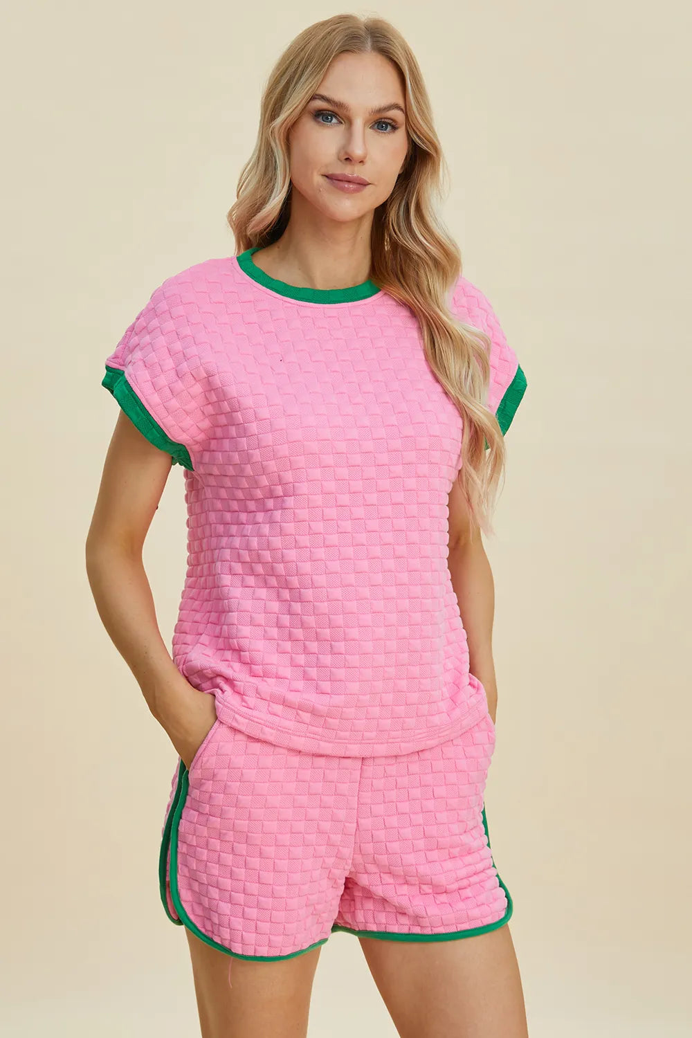 Double Take Full Size Texture Contrast T-Shirt and Shorts Set - Enfance-Heureuse