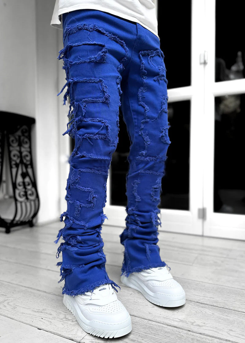 Men Trousers Individual Patched Pants Long Tight Fit Stacked Jeans For Mens Clothing - Enfance-Heureuse