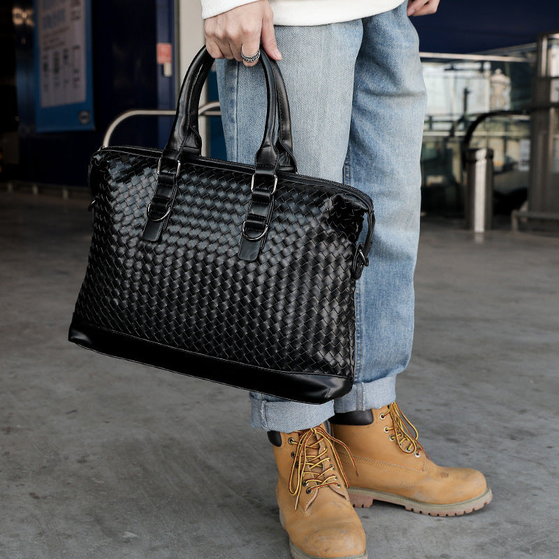 Men's Bag Leather Large Briefcase Hand Woven Luxury Handbags Business Tote Bags For Men High Quality Laptop Handbags - Enfance-Heureuse
