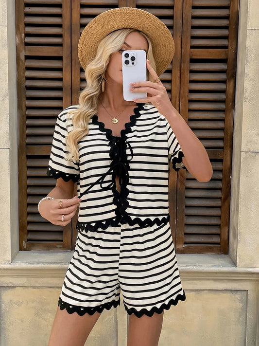 Tied Front Striped Top and Shorts Set - Enfance-Heureuse