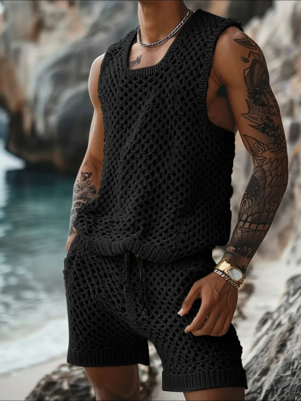 Men's Plus Size Hollow Out Round Neck Tank and Shorts Set - Enfance-Heureuse