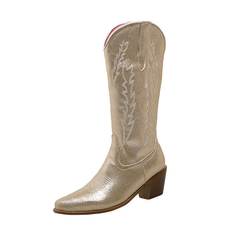 European And American Women's Mid-calf Fluorescent Pointed Knight Boots Chunky Heel Shoes Boots - Enfance-Heureuse