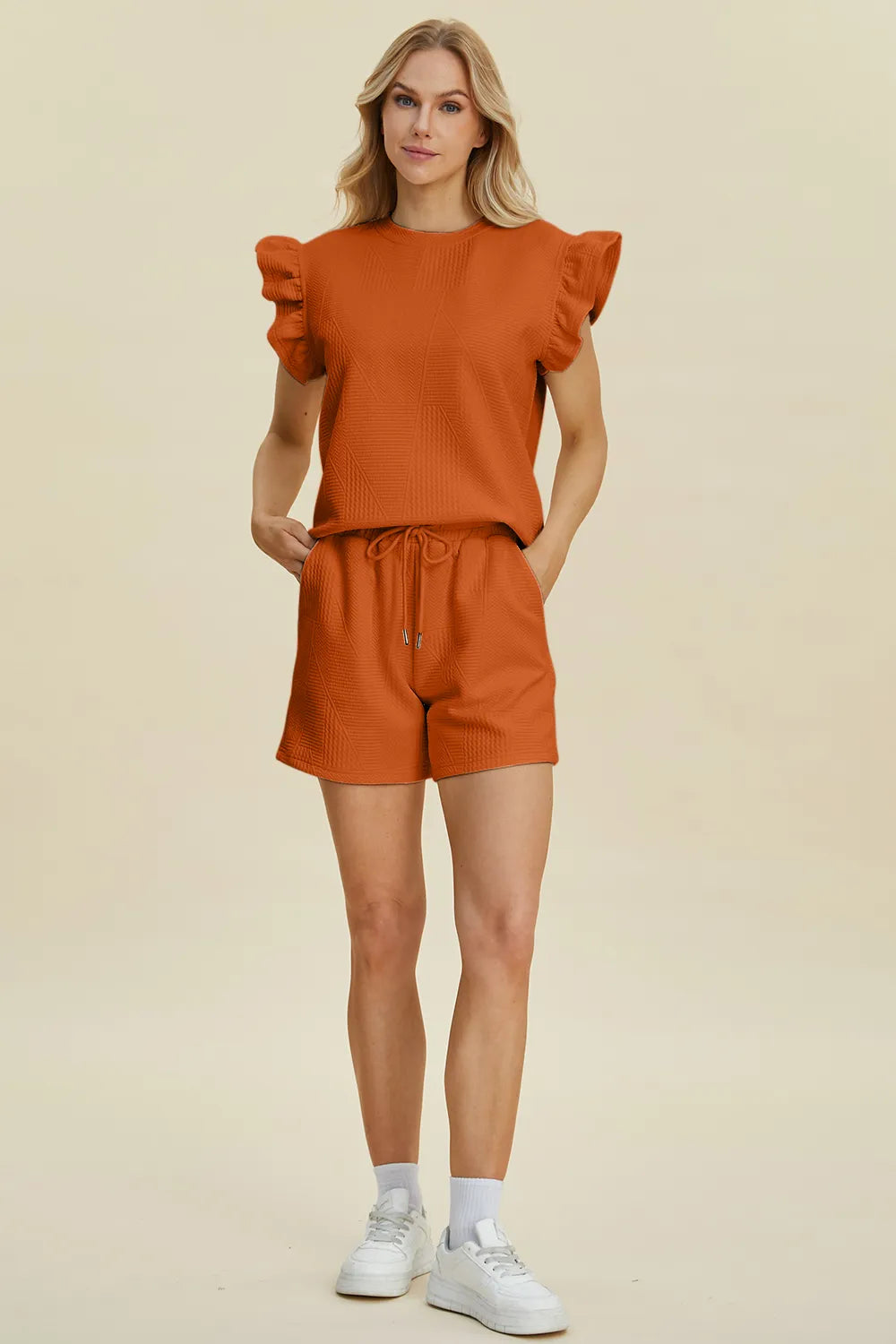 Double Take Full Size Texture Round Neck Ruffle Sleeve Top and Shorts Set - Enfance-Heureuse