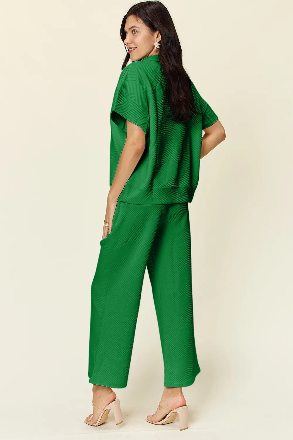 Double Take Full Size Texture Half Zip Short Sleeve Top and Pants Set - Enfance-Heureuse