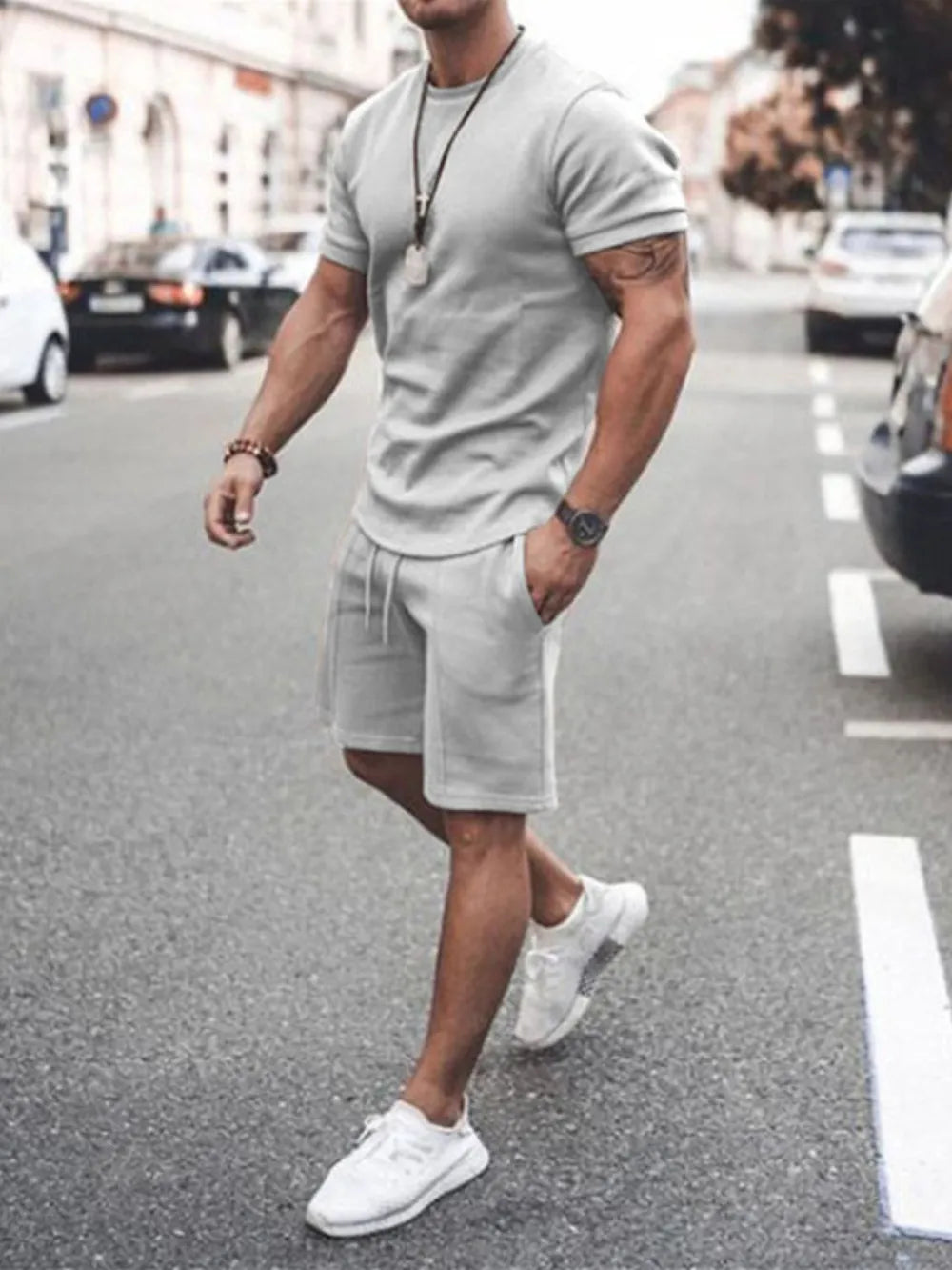Men's Plus Size Round Neck Short Sleeve Top and Shorts Set - Enfance-Heureuse