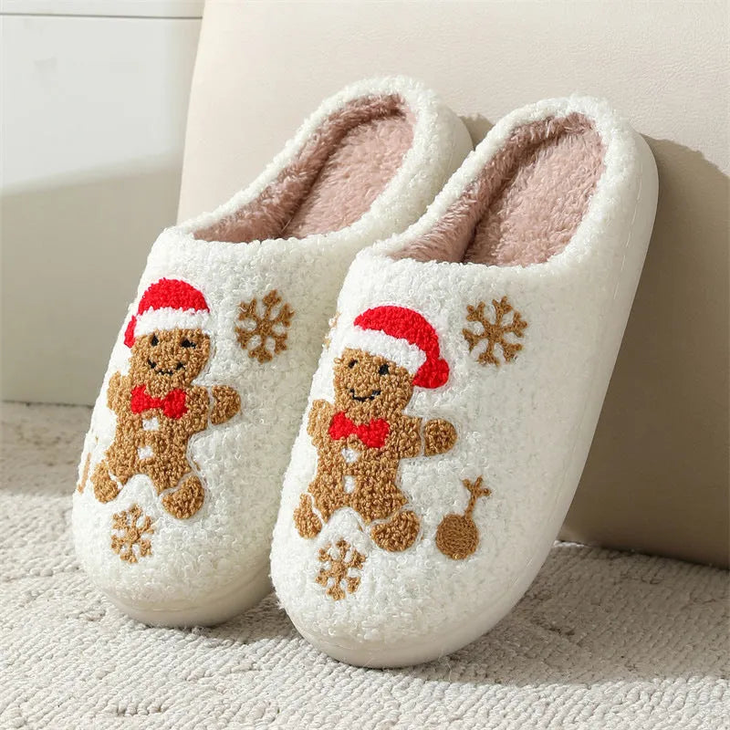 Christmas Snowflake Gingerbread Slippers Winter Indoor Non-slip Floor Bedroom Fuzzy House Shoes For Women Home Slippers