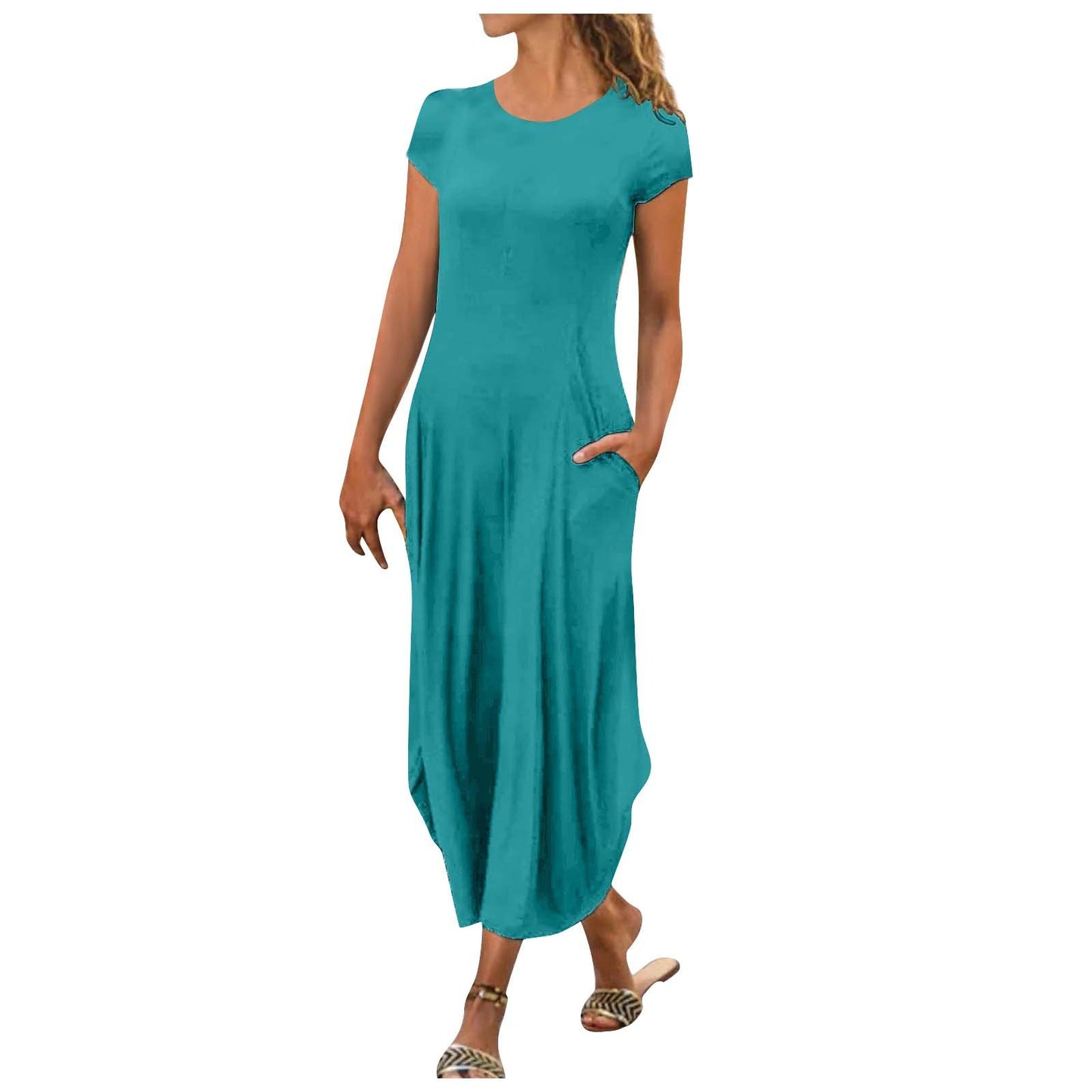 Pullover Short Sleeve Round Neck Mid Waist Solid Color Dress - Enfance-Heureuse