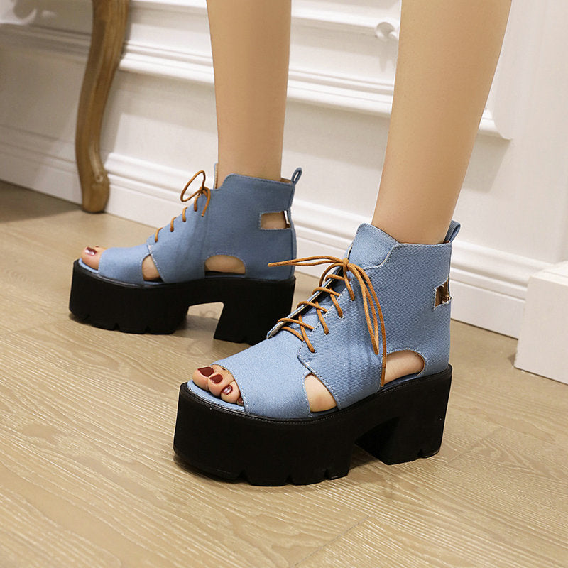 Denim Women's Sandals Front Lace-up Fish Mouth Cool - Enfance-Heureuse