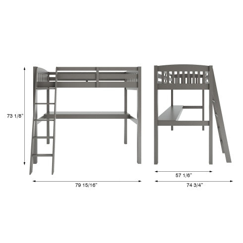 Everest Grey High Loft Bed With Desk And Storage, Heavy Duty Solid Wood Full Size Loft Bed Frame With Stairs For Kids And Toddlers, No Box Spring Needed - Enfance-Heureuse