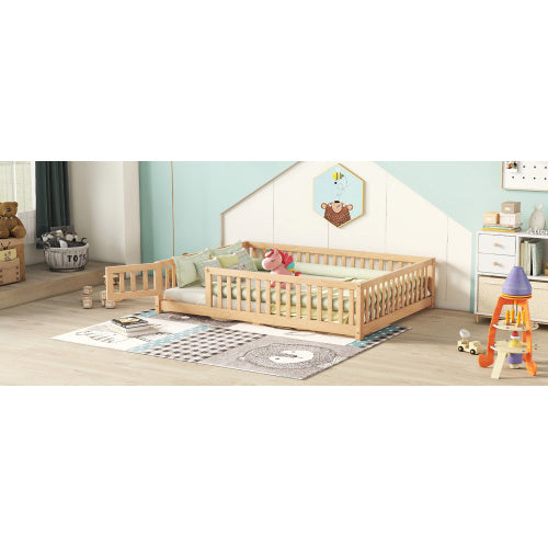 Full Size Bed Floor Bed With Safety Guardrails And Door For Kids, Natural - Enfance-Heureuse