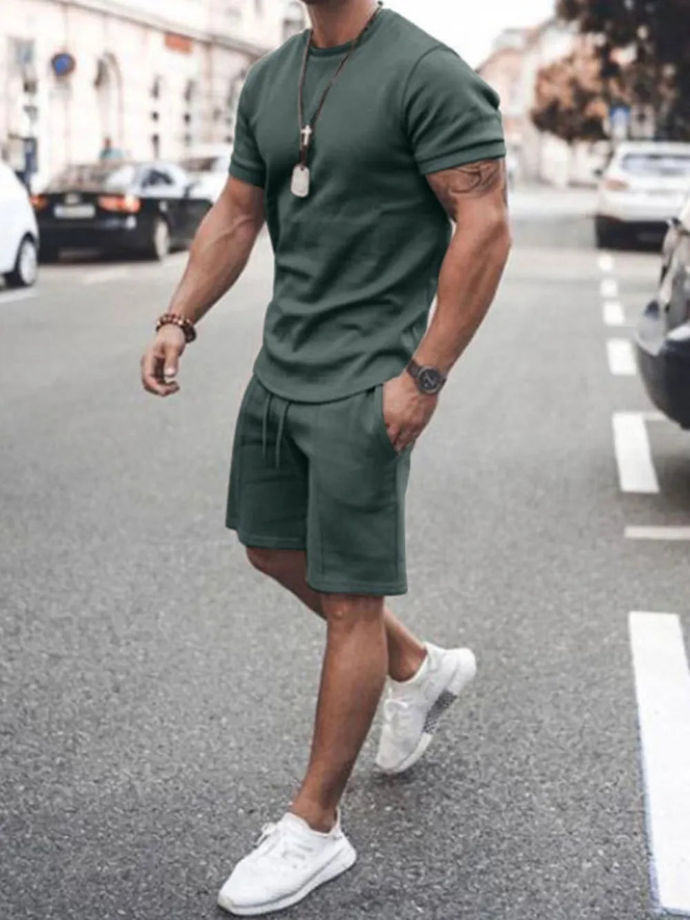 Men's Plus Size Round Neck Short Sleeve Top and Shorts Set - Enfance-Heureuse