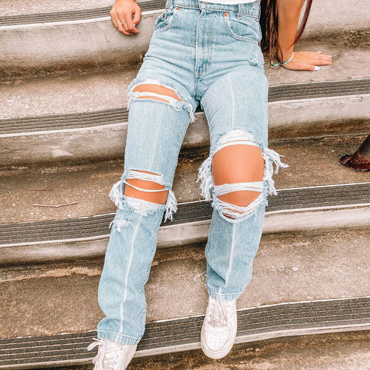 Ladies Denim Pants with Ripped Holes Women's Pants - Enfance-Heureuse