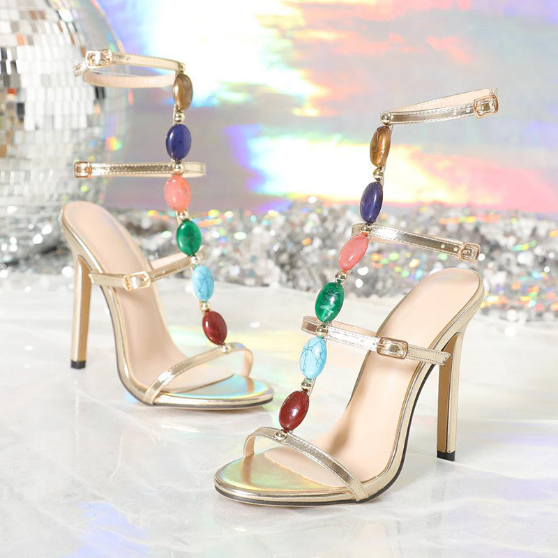 Fashion Colorful Beads Buckle Sandals Summer Stiletto High Heel Shoes Women Party Pumps - Enfance-Heureuse