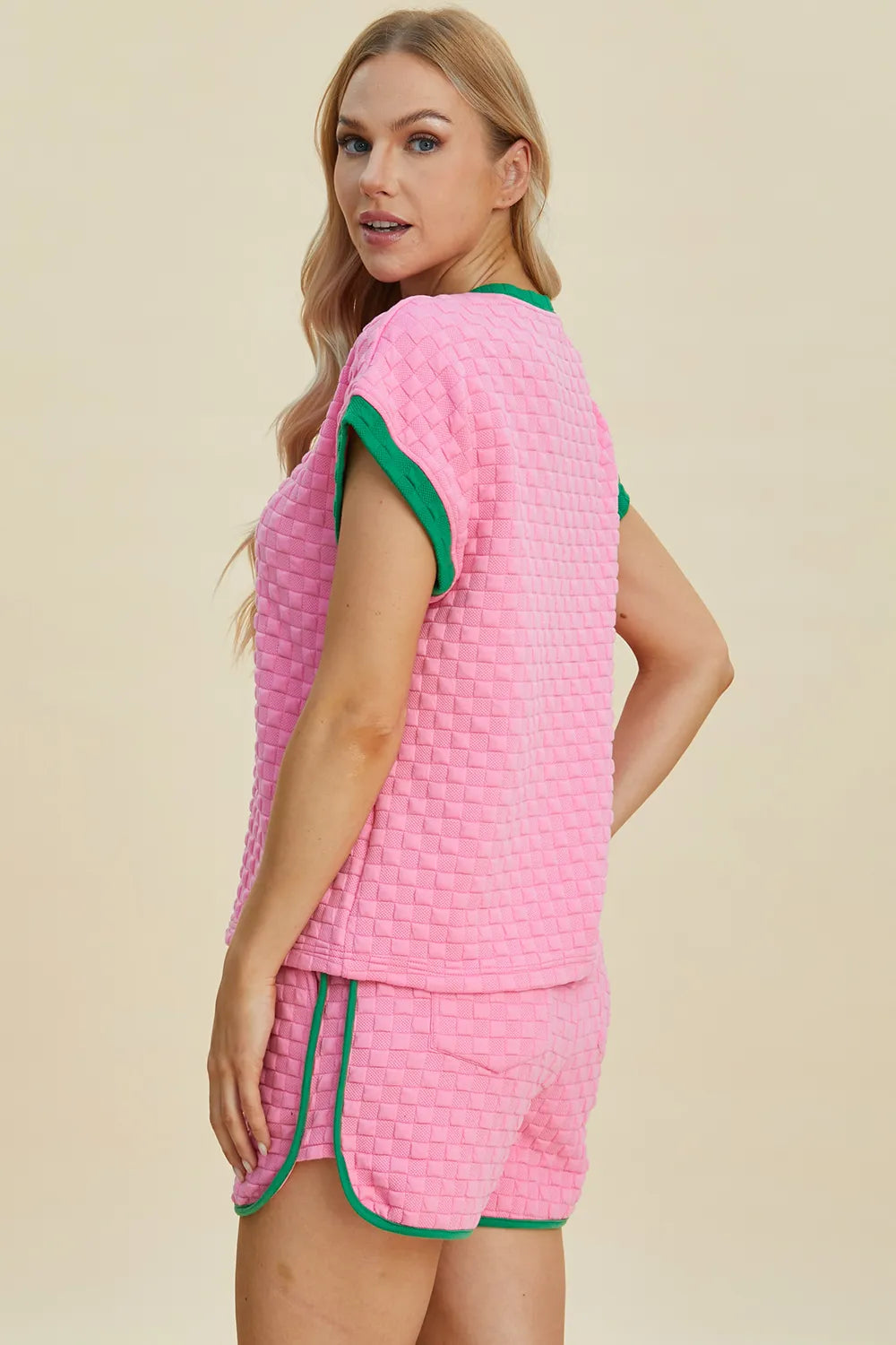 Double Take Full Size Texture Contrast T-Shirt and Shorts Set - Enfance-Heureuse