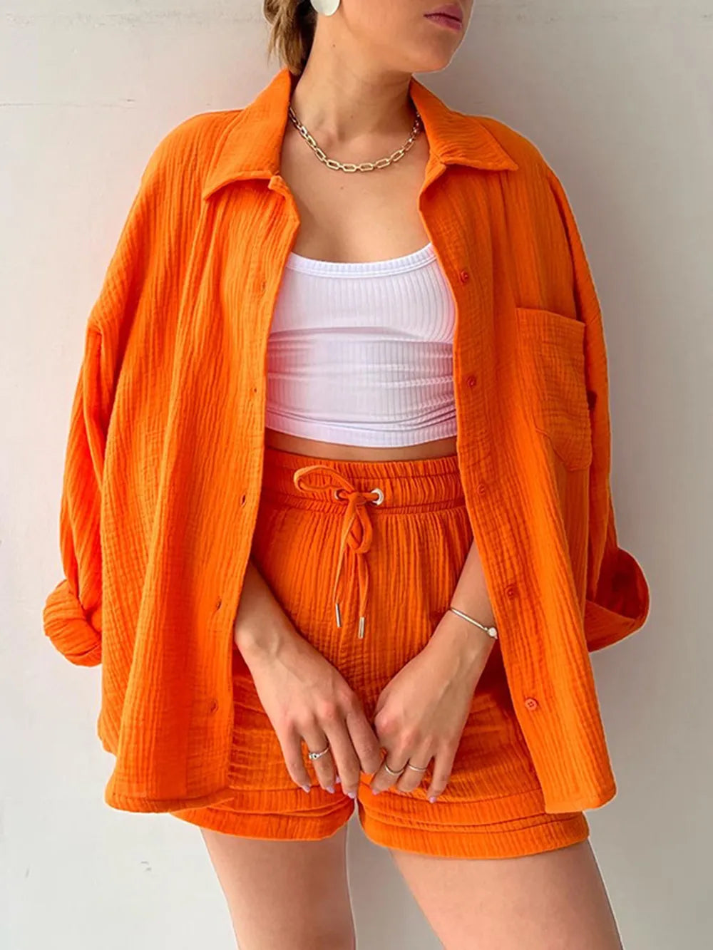 Texture Button Up Shirt and Drawstring Shorts Set - Enfance-Heureuse