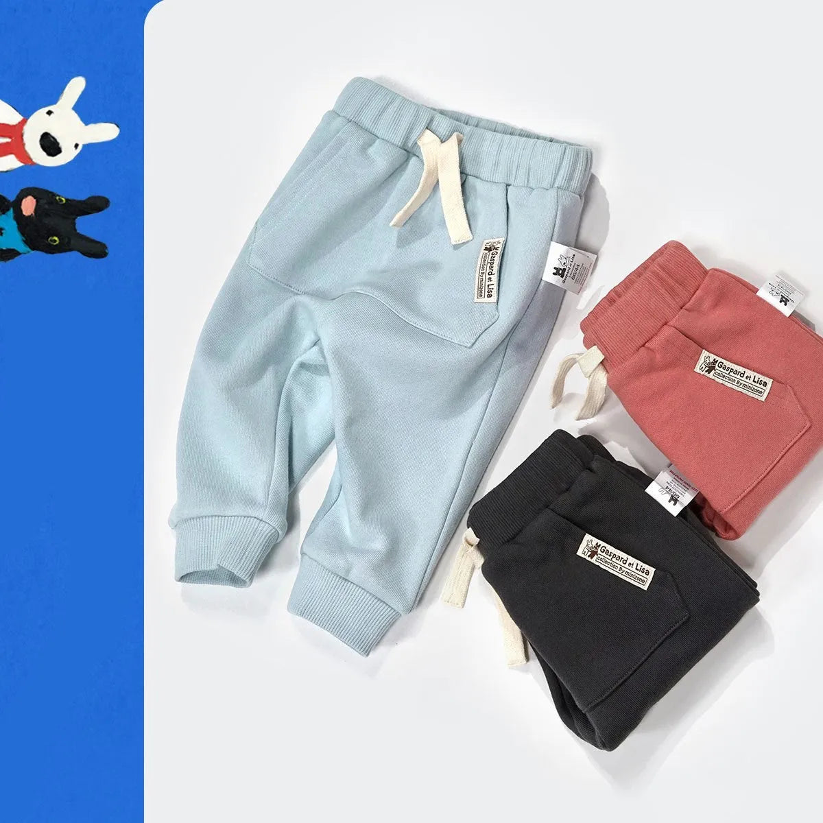 Pantalones casuales para niños y niñas de cintura alta de color liso