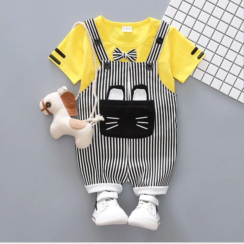 Factory direct handsome children's clothing Korean male baby cartoon strap two-piece suit cotton one generation A128 - Enfance-Heureuse