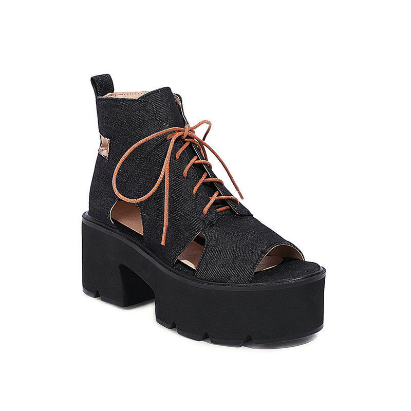 Denim Women's Sandals Front Lace-up Fish Mouth Cool - Enfance-Heureuse