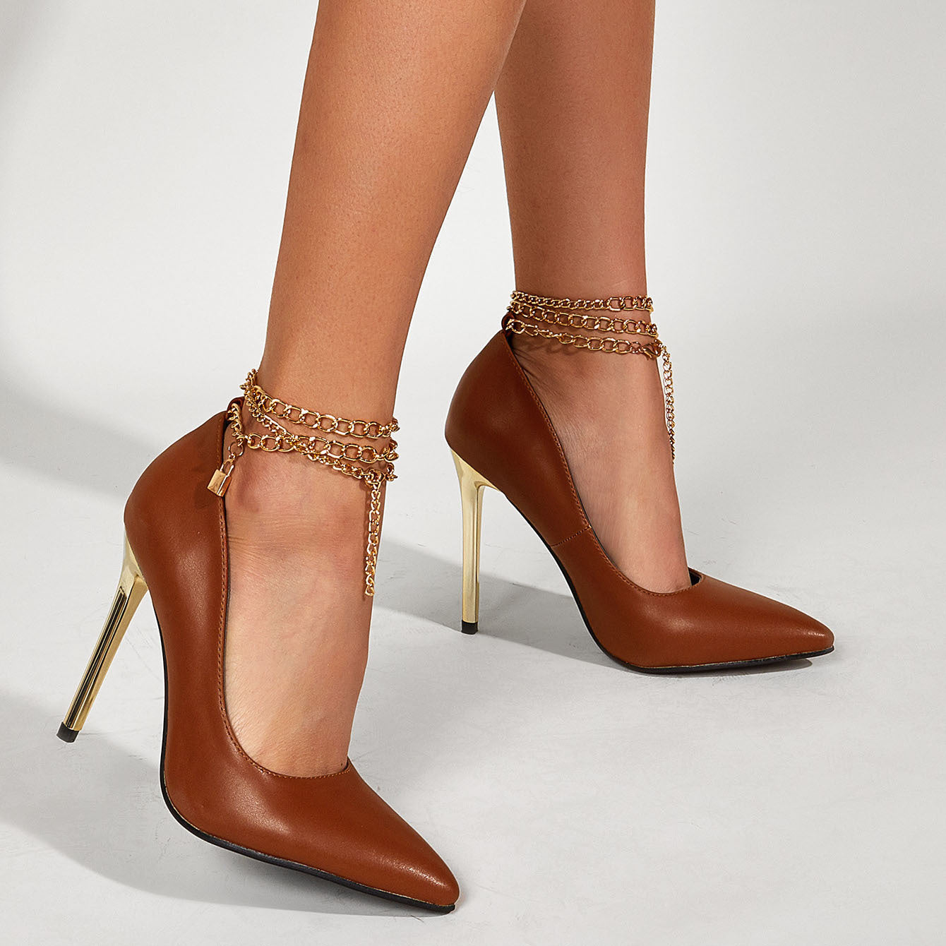 Metal Chain Pointed High Heels Women's Low-top Stiletto Heels - Enfance-Heureuse