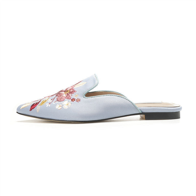 Code embroidery tipped a pedal lazy low heel women's slippers - Enfance-Heureuse