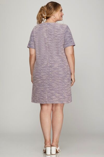 She + Sky Full Size Short Sleeve Pearl Studded Trim Knit Tweed Dress Plus Size - Enfance-Heureuse