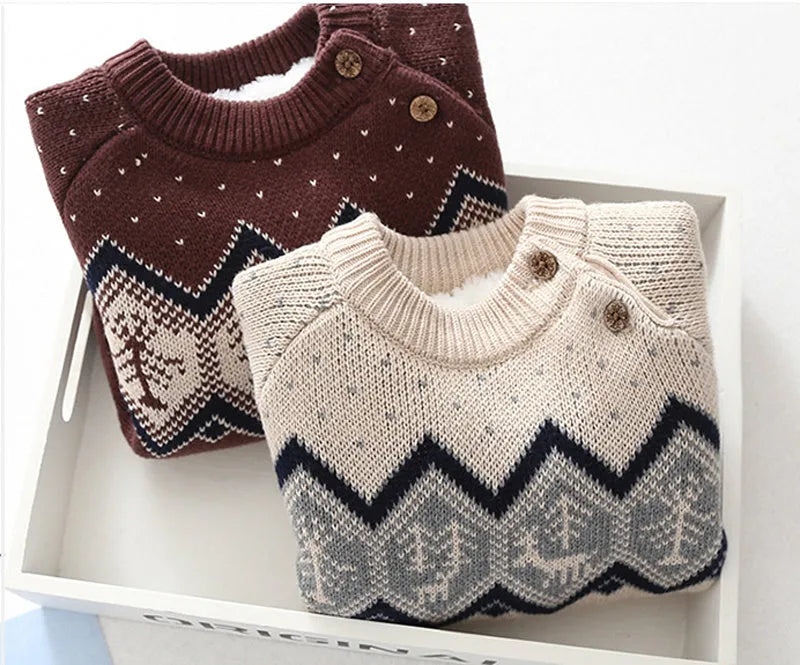 Boys and girls plus velvet thick retro knitted sweater