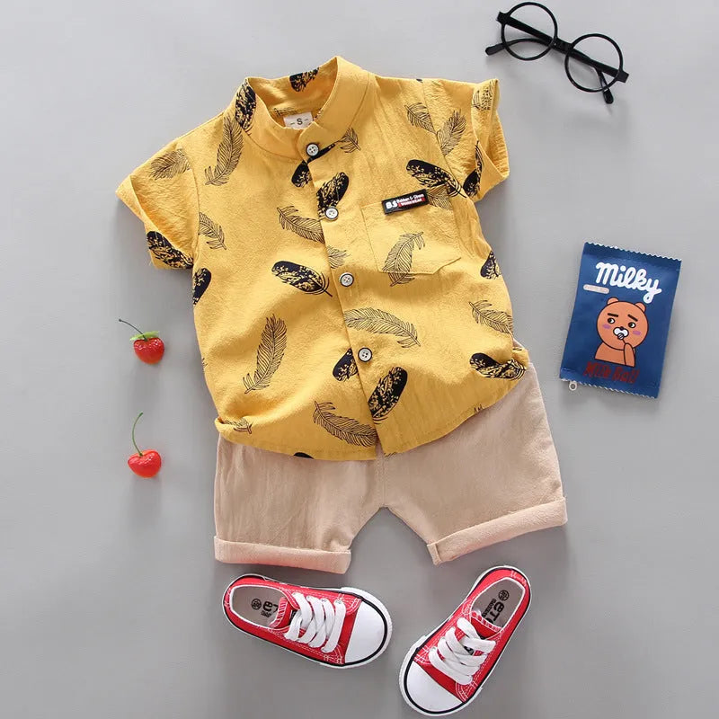 Infant Kids Baby Feather Cartoon Short Sleeve Shirt Shorts Two Piece Suit