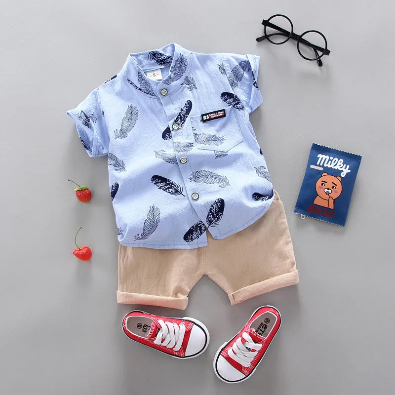 Infant Kids Baby Feather Cartoon Short Sleeve Shirt Shorts Two Piece Suit