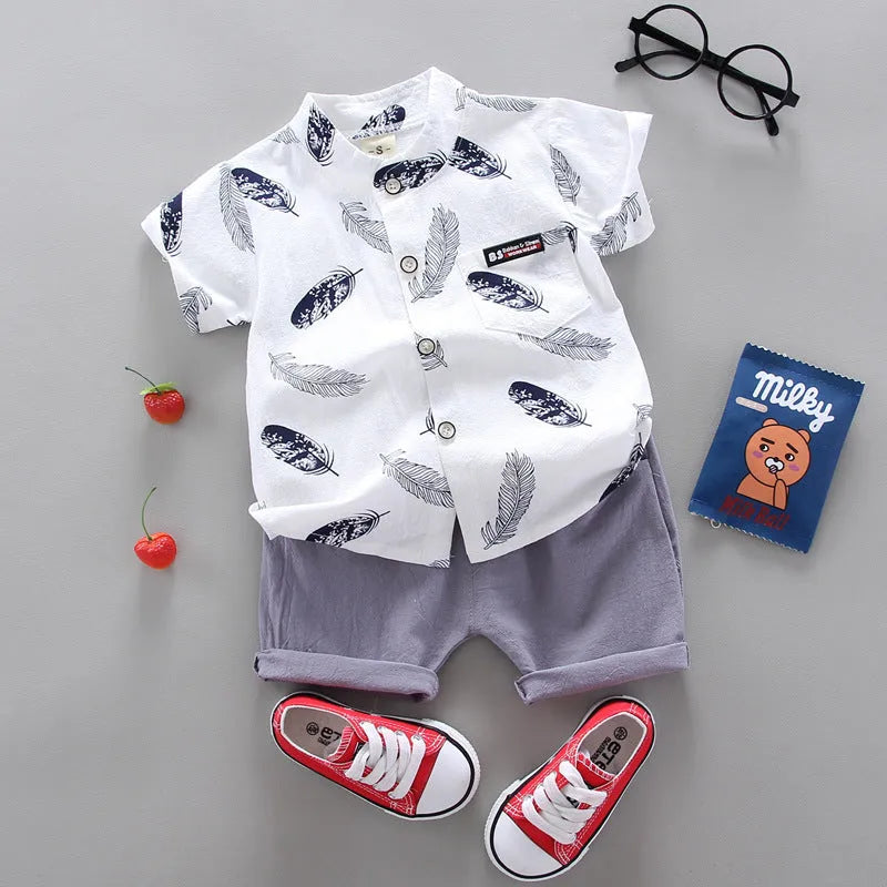 Infant Kids Baby Feather Cartoon Short Sleeve Shirt Shorts Two Piece Suit