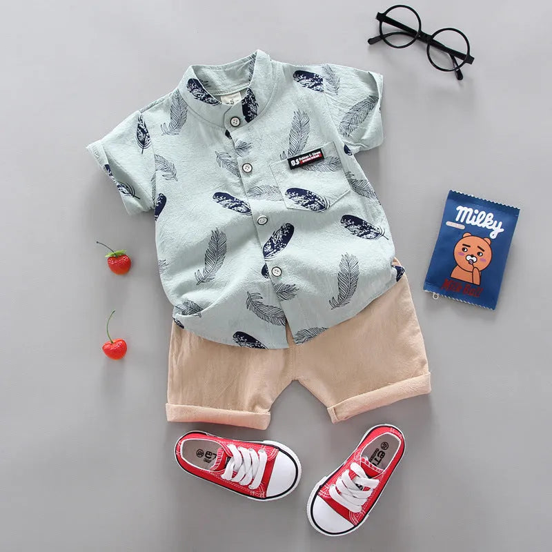 Infant Kids Baby Feather Cartoon Short Sleeve Shirt Shorts Two Piece Suit